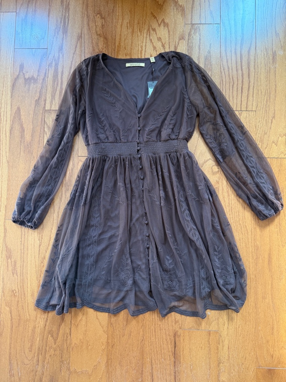 Shyanne Dark Brown Embroidered Long-Sleeve V-Neck Dress
